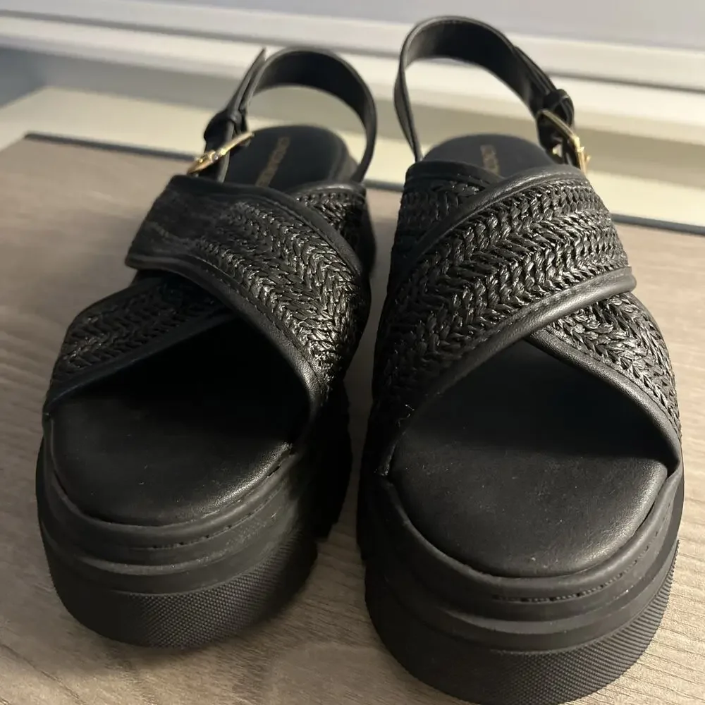 London Rebel Thick Platform Chunky Woven Cross Strap Sandals in Black Size 39